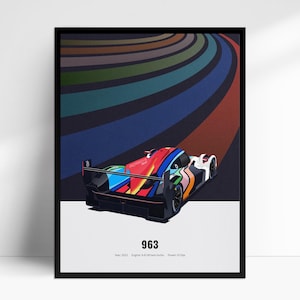 Póster de coche Porsche 963 24 Hours Race Hypercar Livery, impresión de arte mural ilustrada a mano, regalo decorativo para amantes de los automóviles.