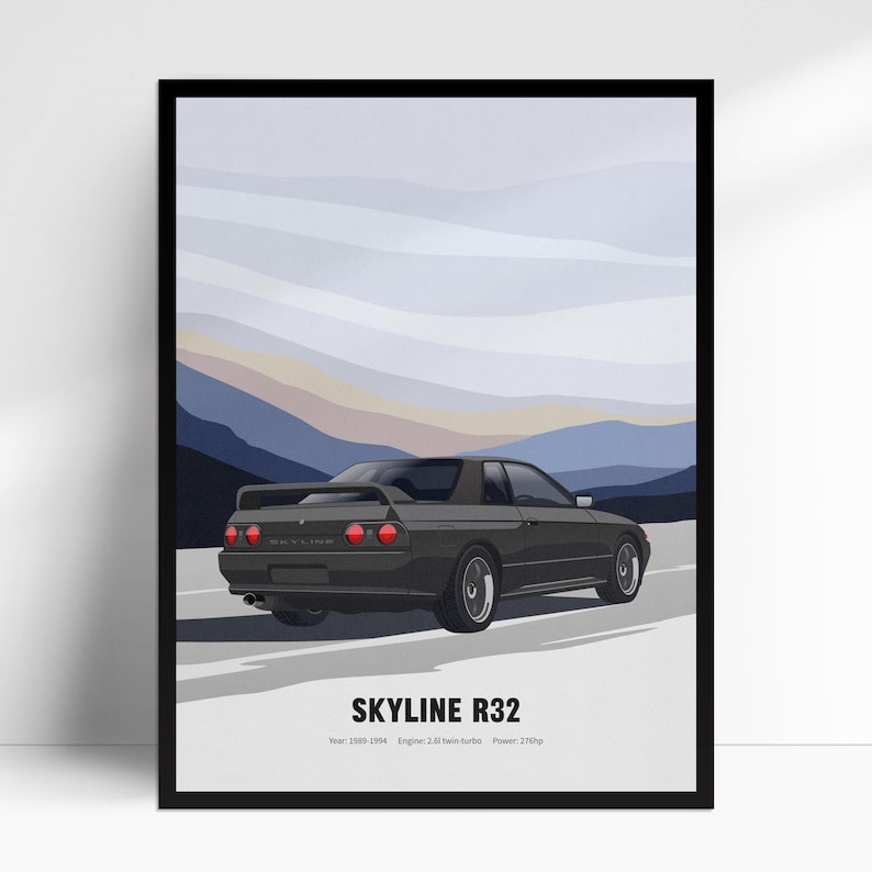 Nissan Skyline R32 Poster, Hand Illustrated Wall Art Print, Decor Gift ...