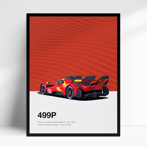 Ferrari 499p 24 Hours Race Hypercar car poster, hand illustrated wall art print, decor gift for car lovers