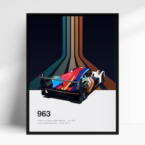 Porsche 963 24 Hours Race Hypercar Livery car poster, hand illustrated wall art print, decor gift for car lovers