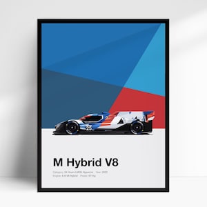 BMW M Hybrid V8 24 Hours Race Hypercar car poster, hand illustrated wall art print, decor gift for car lovers
