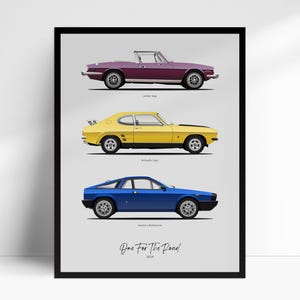 The Grand Tour: One For The Road (Triumph Stag, Ford Capri, Lancia Montecarlo) poster, stampa artistica illustrata da parete, regalo decorativo per gli amanti delle auto