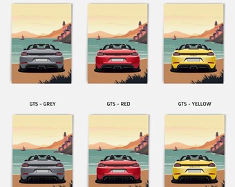 Porsche 718 Boxster (982) Car Poster, Hand Illustrated Wall
