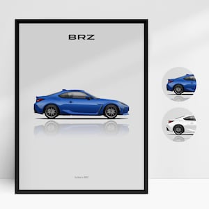 Op de afbeelding: Een blauwe Subaru BRZ sportwagen met de tekst "BRZ" en "Subaru BRZ" op de poster. De auto wordt getoond in zijaanzicht met de bestuurderskant naar de kijker gericht. De auto staat op een witte achtergrond.