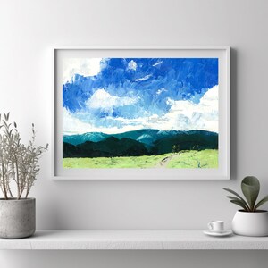 Abstract Mountain Wall Art, Based on Oil Painting, Blue Mountain, Blue Ridge Mountain Print, Panoramic Landscape Art, Sky Landscape