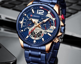 CURREN Watches Men Quartz Leather Chronograph Watch and Fashion Bracelet  Set Analog Watches for Men Luxury Wristwatch Gifts for Dad Boyfriend