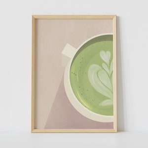Póster Matcha Latte para cocina | Regalo para amantes del Matcha | Impresión de arte retro en A5 A4 A3 | Decoración de pared de bebidas imprimible | Té con leche Matcha verde salvia