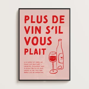 ワインアート絵画 | Plus De Vin プリント、赤ワインアートペインティング、バーカートサイン、ピンクプレッピーアートワーク、ヴィンテージヴィノサイン、マキシマリストギャラリーウォール