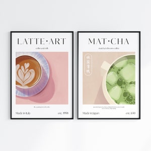 Poster Matcha Latte per cucina | Gallery Wall Set di 2 stampe, regalo per gli amanti del caffè, stampa artistica retrò in A5 A4 A3, decorazione da parete per bevande stampabile
