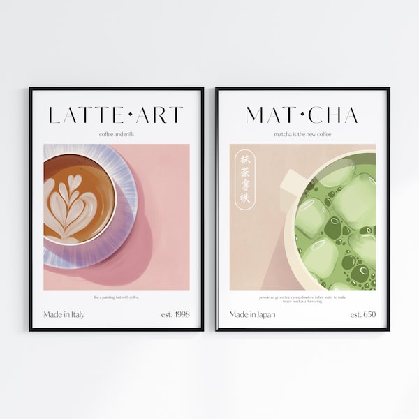 Matcha Latte Poster for Kitchen | Gallery Wall Set of 2 Prints, Coffee Lover Gift, Retro Art Print in A5 A4 A3, Drinks Wall Decor Printable