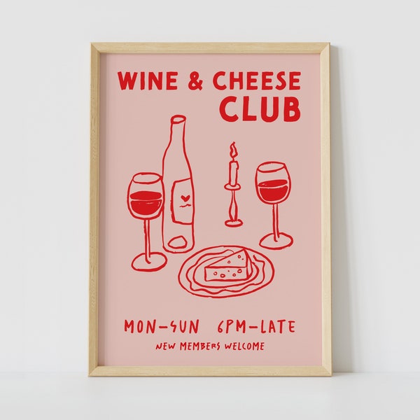 Wine and Cheese Club Poster | Red and Pink Preppy Wall Art, Girl Dinner Wall Art, Vintage Typography Poster for Kitchen, Bar Cart Sign