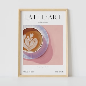 Póster de arte latte en A5 A4 A3 | Regalo para amantes del café para cocina | Impresión de arte femenino ? Decoración de pared de dopamina rosa imprimible | Descarga digital divertida