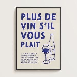 Wine Art Painting | Plus De Vin Print, Kitchen Wine Art Painting, Galentines Day Bar Cart Sign, Navy Blue Preppy Artwork, Digital Wall Art