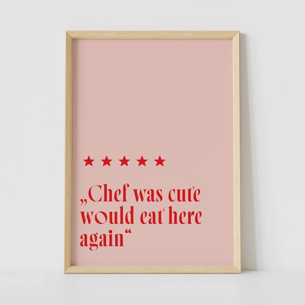 Baas wat schattige print | Zou hier weer eten keukenbord, trendy retro wanddecoratie, roze vijfsterrenwaardering, grappig eten print, A3 A4 A5 print