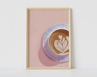 Może przedstawiać: Zbliżenie na latte z sercowatym wzorem w fioletowym i białym ceramicznym kubku na różowym tle.