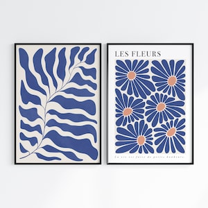 Flower Market Poster Set of 2, Navy Blue Wall Art, Minimal Floral Prints, Henri Matisse Inspired Abstract Poster Collection, Indigo Wall Art