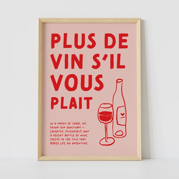 Wine Art Painting | Plus De Vin Print, Red Wine Art Painting, Bar Cart Sign, Pink Preppy Artwork, Vintage Vino Sign, Maximalist Gallery Wall