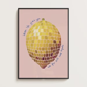 Lemon Disco Ball Poster | Kitchen Disco Wall Print, Abstract Fruit Art, Pink Dopamine Decor, A3 A4 A5 Tequila Mid Century Modern Wall Art