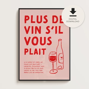 Wine Art Painting | Plus De Vin Print, Red Wine Art Painting, Galentines Day Bar Cart Sign, Blush Pink Preppy Artwork, Digital Wall Art Pink
