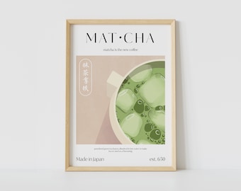 Affiche Matcha Latte pour la cuisine | Cadeau pour les amateurs de matcha | Impression d&#39;art rétro au format A5, A4 et A3 | Décoration murale imprimable pour boissons | Thé glacé au lait matcha