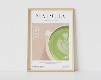 Affiche Matcha Latte pour la cuisine | Cadeau pour les amateurs de matcha | Impression d&#39;art rétro au format A5, A4 et A3 | Décoration murale imprimable pour boissons | Thé au lait matcha vert sauge