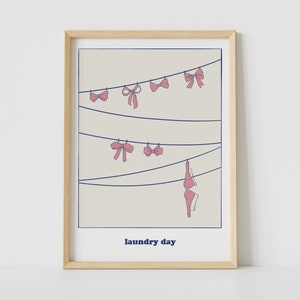 Póster de lazo rosa, arte mural de coqueta para el día de la colada, boceto azul ilustrado a mano, arte mural moderno, póster de lavandería femenina, impresión en formato DIN A3, A4 y A5.
