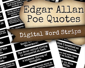 May include: A collection of digital word strips and quote cards featuring quotes by Edgar Allan Poe. The cards are black and white with various quotes, and the word strips are brown with white text. The text "Edgar Allan Poe Quotes" is prominently displayed.