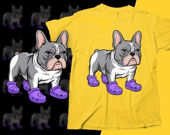 Leuke Franse bulldog met paarse schoenen digitale kunst, illustratie van franse karakter, hondenliefhebber print, hondenkunst downloaden, png, krokodilstijl