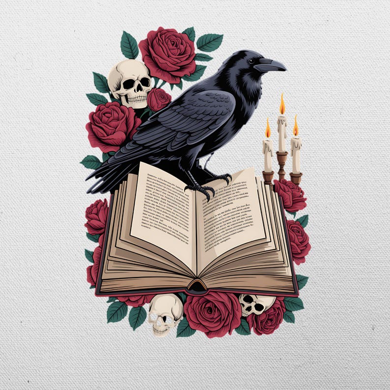 Raven on Book Gothic PNG: Skull, Roses, Candles (commercial Use ...