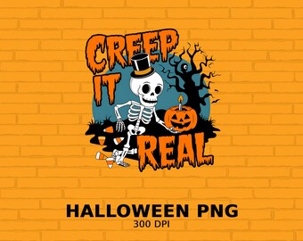Spooky Halloween skelet kunst aan de muur, Creep It Real digitale print, Halloween Home Decor, skelet pompoen illustratie, digitale download, PNG
