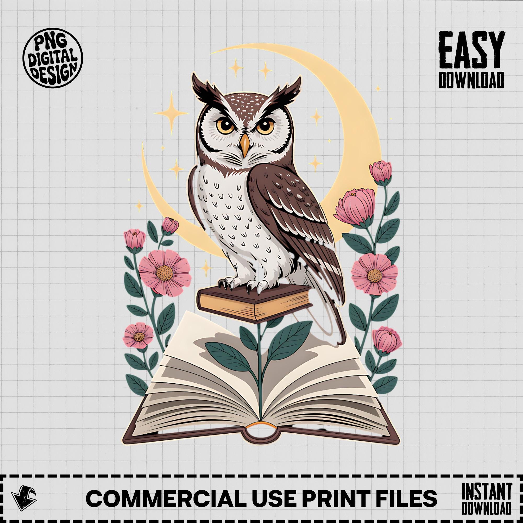 Owl Digital PNG, Reading Owl Clipart, Floral Owl Art, Book Lover Gift, Cute Owl Design, Commercial U