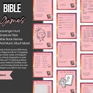 ¡MEGA paquete de juegos bíblicos, juegos imprimibles y claves de respuestas! / Diario de oración de 15 páginas / Trivia bíblica / 20 publicaciones de Instagram / Versículos bíblicos