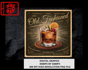 Classic Old Fashioned Cocktail Digital Art, Bourbon Drink Wall Art, Bar Decor Print, Retro Cocktail Art, Printable Bar Poster, PNG File