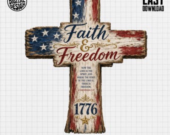 Patriotic Faith Cross Digital, American Flag Cross Clipart, Rustic 1776 Christian Art, Freedom Religious PNG Download