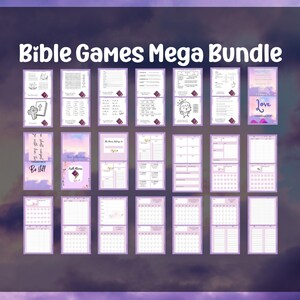 May include: A purple and white Bible games mega bundle with a variety of games and activities. The games include word searches, crosswords, and coloring pages. The bundle also includes a calendar and a journal.