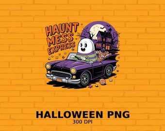Haunt Mess Express digitale Halloween-print spookrijdende spookachtige auto spookhuis muurkunst schattig Halloween-decor, png