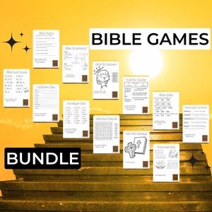 Paquete de juegos bíblicos / Juegos de estudio bíblico / Trivia bíblica / Crucigrama bíblico / Búsqueda de palabras bíblicas / Volteos de las Escrituras / Versículos bíblicos / IMPRIMIBLE