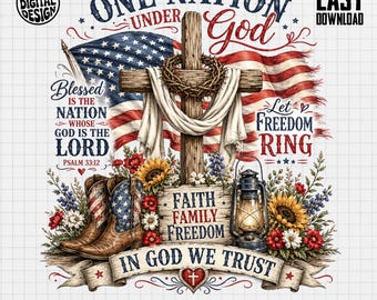 American Flag Cross Digital PNG, Patriotic Christian Sublimation Design, Faith Family Freedom God Country Clipart Download