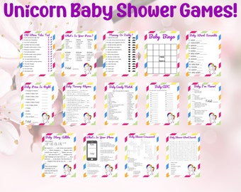 14 Baby Shower Games, Cute Unicorn Baby Shower Games Bundle, Download, Printable DIY Party Virtual Baby Games