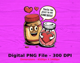 Schattige pindakaas en gelei digitale kunst, grappig eten paar illustratie, grillig keukendecor, afdrukbare muurkunst