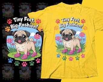 Schattige mopshond digitale kunstprint, kleine voeten grote mode, schattige hond illustratie, kleurrijke bloemen, leuk huisdier muurdecoratie, png, krokodilstijl