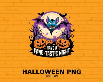 Digitale Halloween-print, Have a Fang-tastische nachtkunst, griezelige vleermuis en pompoenen, Halloween-muurdecoratie, Halloween-decoratie voor kinderen, png