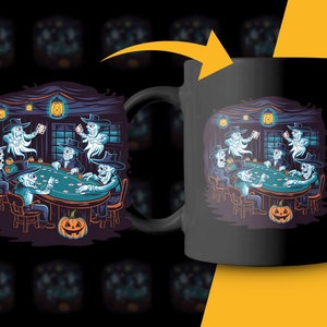 May include: A black coffee mug with a spooky Halloween design. The design features a group of ghosts playing cards around a table with a jack-o-lantern in the center.