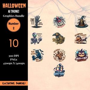 May include: A set of 10 Halloween themed digital graphics featuring various characters and designs. The graphics include a zombie hand, a skeleton, a raven, a mummy, a pumpkin carriage, a jack-o-lantern, a ghost ship, a spider, a witch's hat, and a night watcher. The graphics are in a cartoon style and are perfect for use in digital projects.