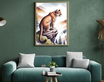 Aquarel bergleeuw muurkunst print – Wildlife natuur decor voor thuis of op kantoor – digitale download cadeau voor natuurliefhebbers, png, pdf, jpg