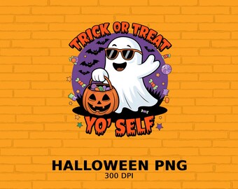 Trick or Treat Yo Self Halloween digitale print, schattig spook met snoep digitale kunst, leuke Halloween muurkunst, Halloween decoratie, png
