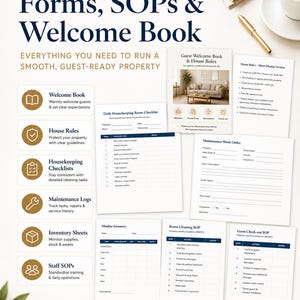 May include: A collection of printable property management documents including a Guest Welcome Book, House Rules, Daily Housekeeping Room Checklist, Maintenance Work Order, Minibar Inventory, Room Cleaning SOP, and Guest Check-out SOP templates.