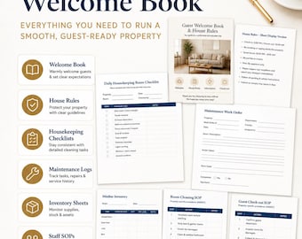May include: A collection of printable property management documents including a Guest Welcome Book, House Rules, Daily Housekeeping Room Checklist, Maintenance Work Order, Minibar Inventory, Room Cleaning SOP, and Guest Check-out SOP templates.
