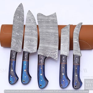 Hand Made Damascus Steel Chef Knife Set  with leather roll, Kitchen Knife Set, Set of 5 Pieces, Japanese Chef knife set, best Christmas gift