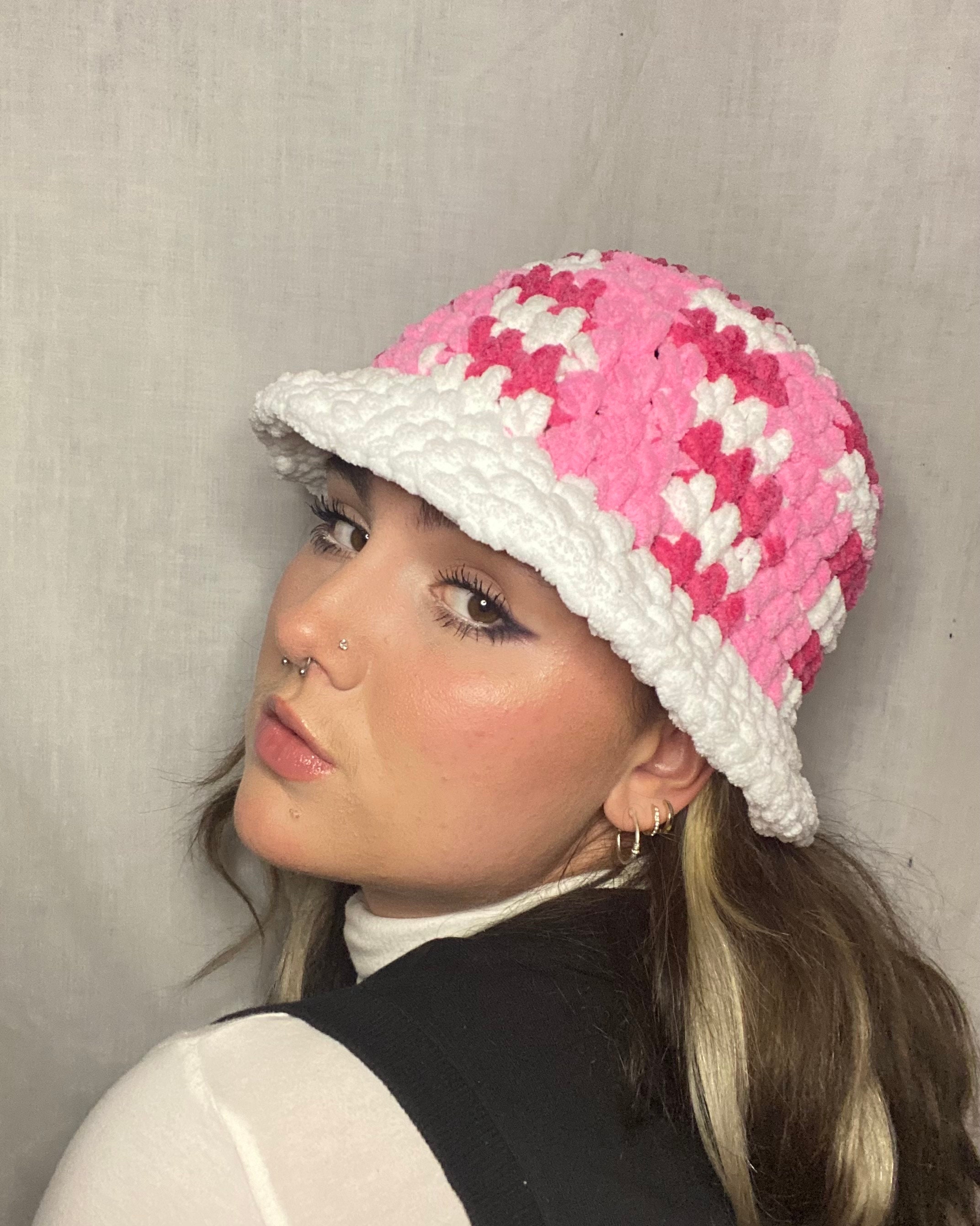 Crochet Pink Pattern Fluffy Bucket Hat 